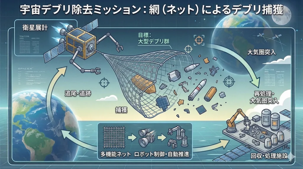 除去衛星がネットを投げてデブリを捕獲する様子