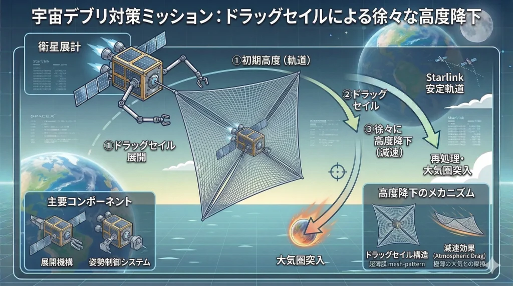 ドラッグセイルを広げた衛星が徐々に高度を下げる様子