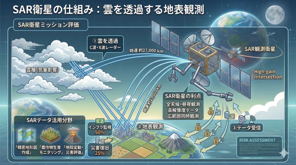 SAR衛星が電波を発射し、雲を透過して地表を観測する