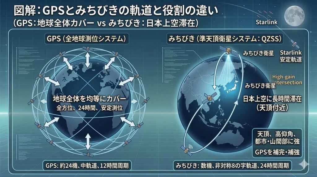 GPSとみちびきの軌道の違い。GPSは地球全体を均等にカバー、みちびきは日本上空に長時間滞在]