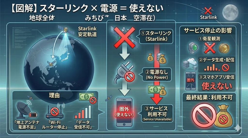 図解イメージ：スターリンク × 電源 = 使えない の図 