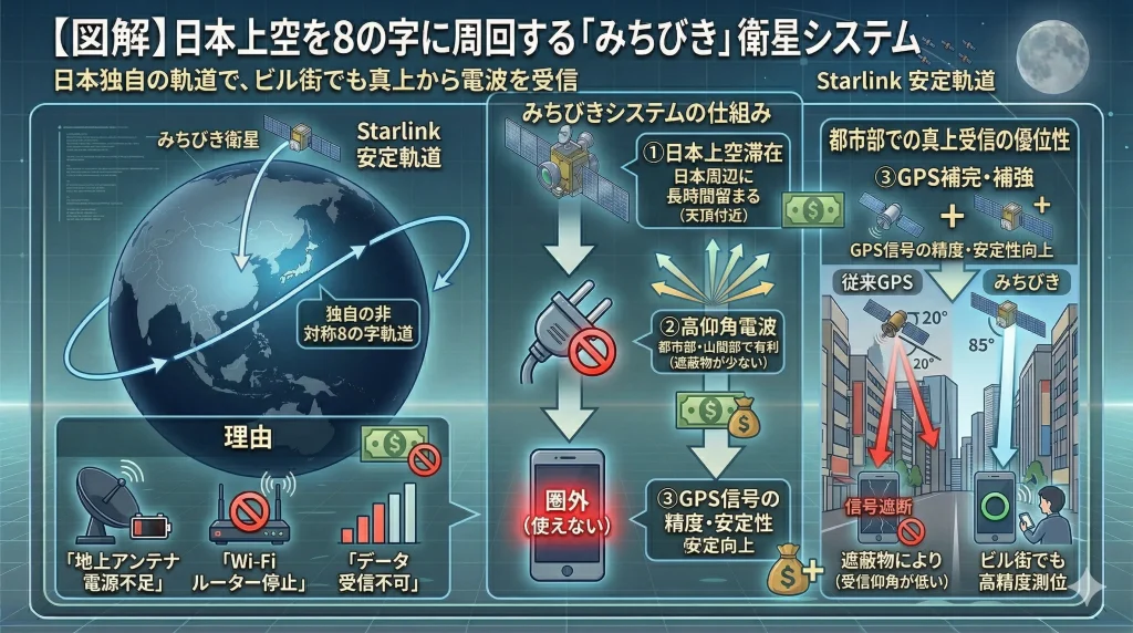 日本上空を8の字に周回するみちびき衛星と、ビル街でも真上から電波を受信する様子