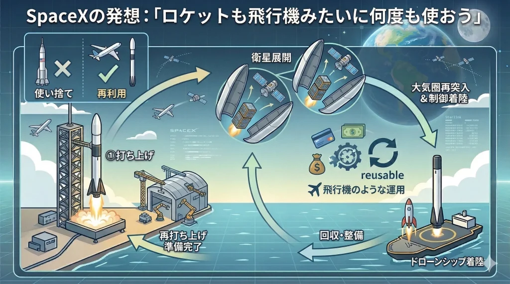 SpaceXの発想：「ロケットも飛行機みたいに何度も使おう」
